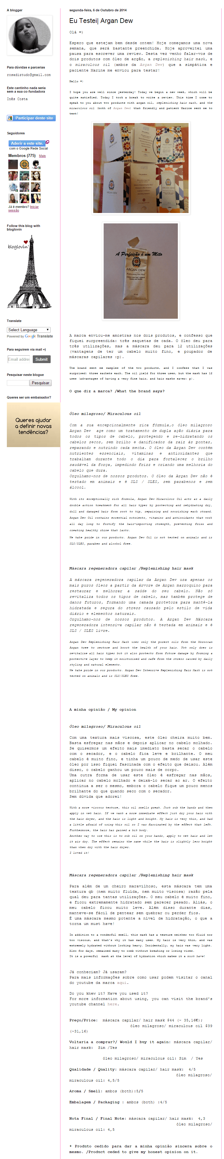 Portugese Review: Eu testei Argan Dew 